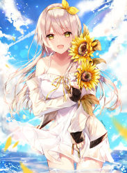 Rule 34 | 1girl, :d, blue sky, blush, breasts, cloud, collarbone, cowboy shot, day, dress, flower, frilled dress, frills, hair ribbon, hairband, highres, holding, holding flower, jacket, leaf, long hair, long sleeves, looking at viewer, medium breasts, open clothes, open jacket, open mouth, original, outdoors, ribbon, silver hair, sky, sleeves past wrists, smile, solo, sunflower, sunflower petals, taya oco, very long hair, white dress, white jacket, yellow eyes, yellow flower, yellow hairband, yellow ribbon