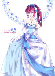 Rule 34 | 1girl, blue bow, bow, breasts, brown eyes, cleavage, collarbone, dress, earrings, elbow gloves, floating hair, floral print, free!, gloves, hair between eyes, hair bow, jewelry, long dress, long hair, matsuoka gou, medium breasts, momoko (momoko14), necklace, print dress, red hair, side ponytail, skirt hold, sleeveless, sleeveless dress, smile, solo, strapless, strapless dress, twitter username, white background, white bow, white gloves