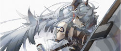 Rule 34 | 1girl, arknights, bandage on face, bandages, black gloves, chinese commentary, commentary, covered mouth, dadijiji, dragon horns, gloves, highres, holding, holding shield, horns, long hair, looking at viewer, official alternate costume, orange eyes, rhine lab logo, saria (arknights), saria (stronghold) (arknights), shield, silver hair, simple background, solo, strap, tattoo, upper body, white background