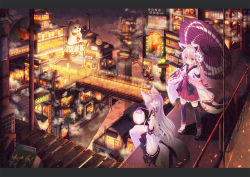 Rule 34 | 2girls, ahoge, animal ears, architecture, arrow (symbol), black legwear, breasts, bridge, building, city, cityscape, cloud, cloudy sky, commentary request, detached sleeves, door, east asian architecture, fence, flower, fox ears, fox girl, fox tail, hair flower, hair ornament, hakama, hakama short skirt, hakama skirt, heart, highres, holding, holding umbrella, industrial pipe, japanese clothes, kimono, lamppost, lantern, letterboxed, light bulb, lily (flower), long sleeves, maneki-neko, mask, mask on head, medium breasts, miko, misaki yuu, multiple girls, night, oil-paper umbrella, original, outdoors, over shoulder, paper lantern, ribbon-trimmed legwear, ribbon-trimmed sleeves, ribbon trim, sandals, sitting, skirt, sky, smoke, stairs, standing, steampunk, tabi, tail, target, television, thick eyebrows, thighhighs, translation request, umbrella, white hair, white legwear, wide sleeves, window, yellow eyes, zettai ryouiki, zouri