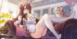 Rule 34 | 1girl, 2022, animal ears, ass, bare shoulders, bead bracelet, beads, black gloves, bracelet, breasts, brown hair, china dress, chinese clothes, chinese commentary, chinese zodiac, cleavage, couch, dress, expressionless, full body, glasses, gloves, gold trim, hair bun, hair ornament, hand fan, hand up, highres, holding, indoors, jewelry, knee up, large breasts, leg up, lino chang, long hair, looking at viewer, no shoes, on couch, original, panties, paper fan, pelvic curtain, reclining, red eyes, red panties, rimless eyewear, round eyewear, side-tie panties, side-tie peek, single hair bun, sleeveless, sleeveless dress, soles, solo, string panties, tail, tassel, thighhighs, thighs, tiger, tiger ears, tiger girl, tiger tail, toes, underwear, white dress, white thighhighs, year of the tiger