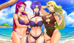 Rule 34 | 3girls, armlet, ass, bikini, blonde hair, blue eyes, blue hair, blue sky, breasts, brunnya (fire emblem), cleavage, closed mouth, cloud, cowboy shot, day, earrings, female focus, fire emblem, fire emblem: the binding blade, fire emblem: the blazing blade, fire emblem: the sacred stones, fire emblem heroes, flower, hair flower, hair ornament, harem, highres, jewelry, large breasts, lineup, long hair, matching hair/eyes, multiple girls, navel, nintendo, ocean, outdoors, parted lips, plant, purple eyes, purple hair, revolverwing, selena (fire emblem: the sacred stones), selena (summer) (fire emblem: the sacred stones), short hair, skindentation, sky, standing, swimsuit, thigh strap, trait connection, tree, ursula (fire emblem), ursula (summer) (fire emblem), water