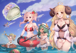 Rule 34 | 4girls, :d, ahoge, amira (shingeki no bahamut), anila (granblue fantasy), arm cuffs, bare shoulders, barefoot, bikini, bikini shorts, bikini skirt, blonde hair, blue sky, blunt bangs, blush, blush stickers, breasts, cleavage, cloud, collarbone, commentary, cowboy shot, dark-skinned female, dark skin, day, draph, flower, flugelhorn, food, food in mouth, fruit, granblue fantasy, green eyes, green hair, grey shorts, groin, hair between eyes, hair flower, hair ornament, hair over one eye, hair ribbon, hairclip, hands on own thighs, harvin, hat, holding, holding polearm, holding spear, holding swim ring, holding weapon, horns, innertube, instrument, jacket, jitome, kolulu (granblue fantasy), large breasts, layered bikini, leaning forward, long hair, looking at another, looking at viewer, looking to the side, medium hair, midriff, mimlememel, multiple girls, music, navel, notice lines, ocean, off-shoulder jacket, off shoulder, open mouth, outdoors, pink hair, playing instrument, pointy ears, polearm, ponytail, purple eyes, red bikini, ribbon, ribbon-trimmed bikini, sheep horns, short eyebrows, short shorts, shorts, sidelocks, sitting, skirt, sky, smile, sparkle, spear, standing, swim ring, swimsuit, teeth, thick eyebrows, thigh strap, thought bubble, tortoise, turtle, twintails, uneg, upper teeth only, very long hair, wading, watermelon, weapon, wet, white bikini, white jacket, white skirt, wings, wrist cuffs, wrist wrap, x hair ornament, yellow eyes