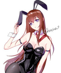 Rule 34 | 1girl, absurdres, amiemie, animal ears, bare shoulders, blush, breasts, brown hair, character name, cleavage, dated, detached collar, fake animal ears, fishnet pantyhose, fishnets, hand on headwear, highres, leotard, long hair, looking at viewer, makise kurisu, medium breasts, necktie, pantyhose, playboy bunny, purple eyes, rabbit ears, signature, simple background, solo, steins;gate, straight hair, very long hair, white background, wrist cuffs