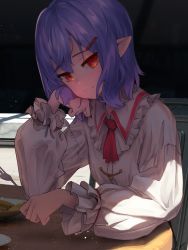 1girl arm_rest ascot aya_(lezon) blue_hair chair cookie crossed_legs day dress elbows_on_table food fork fruit hair_ornament hairclip head_rest head_tilt highres holding holding_fork light_smile looking_at_viewer no_headwear outdoors plate pointy_ears red_ascot red_eyes remilia_scarlet short_hair sitting slit_pupils smile solo table touhou white_dress