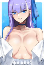 Rule 34 | 1girl, absurdres, alternate breast size, bare shoulders, blue background, blue choker, blue eyes, breasts, choker, collarbone, commentary, fate/grand order, fate (series), heart, highres, long hair, long sleeves, megao 3rd, meltryllis, meltryllis (fate), meltryllis (swimsuit lancer) (fate), meltryllis (swimsuit lancer) (second ascension) (fate), parted lips, purple hair, solo, spoken heart, upper body