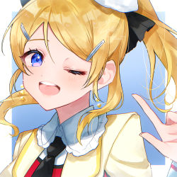 Rule 34 | 1girl, ;), artist name, artist request, ayase eli, black bow, black necktie, black ribbon, blonde hair, blue eyes, blush, bow, breasts, close-up, collar, collared shirt, cropped jacket, cuffs, dress, dress shirt, earrings, female focus, floating hair, frilled collar, frilled shirt collar, frills, hair between eyes, hair bow, hair ornament, hair ribbon, hairclip, high ponytail, highres, jacket, jewelry, layered clothes, long hair, long sleeves, looking at viewer, love live!, love live! school idol festival, love live! school idol project, necktie, one eye closed, parted lips, ponytail, red shirt, ribbon, shirt, short hair, sleeve cuffs, small breasts, smile, solo, sore wa bokutachi no kiseki, swept bangs, teeth, upper body, white bow, wing collar, wink