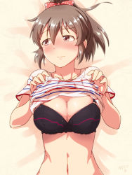 Rule 34 | 1girl, bed sheet, black bra, blouse, blush, bow, bra, breasts, brown eyes, brown hair, cleavage, closed mouth, clothes lift, collarbone, embarrassed, frown, hair between eyes, hair bow, hori yuko, idolmaster, idolmaster cinderella girls, lifted by self, lips, looking away, looking to the side, medium breasts, navel, nose blush, on bed, polka dot, polka dot bow, ponytail, red bow, shirt, shirt lift, short hair, short ponytail, short sleeves, sidelocks, signature, solo, stomach, striped clothes, striped shirt, underwear, upper body