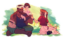 Rule 34 | 1boy, 2girls, aerith gainsborough, bare shoulders, barret wallace, black hair, boots, bracelet, braid, braided ponytail, breasts, brown footwear, brown gloves, brown hair, brown vest, child, closed eyes, dark-skinned male, dark skin, dress, facial hair, final fantasy, final fantasy vii, final fantasy vii remake, fingerless gloves, flower, gloves, grass, green pants, hair ribbon, highres, holding, holding flower, indian style, jacket, jewelry, long hair, looking at another, marlene wallace, medium breasts, multiple girls, outdoors, pants, parted lips, pink dress, pink ribbon, profile, red jacket, ribbon, scar, scar across eye, short hair, sitting, smile, somnimagus, square enix, vest