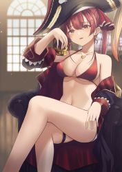 Rule 34 | 1girl, bare shoulders, bikini, black coat, black hat, breasts, coat, collarbone, commentary request, earrings, feet out of frame, hair between eyes, hair ribbon, halterneck, hand up, hat, heart, heart earrings, heart necklace, highres, holding, holding skull, hololive, houshou marine, houshou marine (1st costume), houshou marine (summer), indoors, jewelry, large breasts, long hair, long sleeves, looking at viewer, necklace, off shoulder, open clothes, open coat, parted lips, pirate hat, red bikini, red eyes, red hair, ribbon, sitting, skull, solo, stomach, swimsuit, thigh strap, twintails, virtual youtuber, yamikyon, yellow eyes