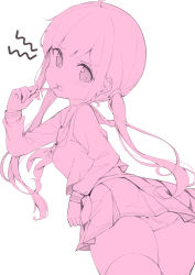 Rule 34 | 1girl, ahoge, annoyed, ass, blush, brushing teeth, chikuwa., closed mouth, highres, holding, holding toothbrush, long hair, long sleeves, looking at viewer, looking back, monochrome, neckerchief, original, panties, pink theme, pleated skirt, sailor collar, school uniform, serafuku, simple background, skirt, solo, thighhighs, toothbrush, toothpaste, twintails, underwear, v-shaped eyebrows, very long hair, white background