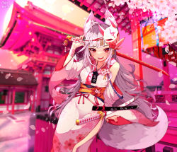 Rule 34 | 1girl, :d, absurdres, animal ears, architecture, arm support, blunt bangs, building, cherry blossoms, commentary, detached sleeves, east asian architecture, english commentary, fox ears, fox girl, fox mask, fox tail, highres, holding, holding sword, holding weapon, japanese clothes, katana, kimono, kkato, long hair, long sleeves, looking at viewer, mask, mask on head, obi, open mouth, original, petals, red eyes, ribbon-trimmed sleeves, ribbon trim, sash, sidelocks, silver hair, sitting, smile, solo, sword, tail, weapon, wide sleeves