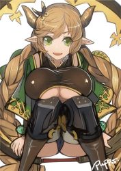 Rule 34 | 10s, 1girl, bad id, bad twitter id, boots, braid, breasts, carmelina (granblue fantasy), clothing cutout, draph, female focus, granblue fantasy, green eyes, horns, large breasts, looking at viewer, pointy ears, pupps, signature, simple background, smile, solo, squatting, thigh boots, thighhighs, twin braids, underboob cutout