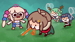 Rule 34 | 4girls, antlers, branch, brown hair, butterfly net, ceres fauna, chibi, commentary, crying, crying with eyes open, dark-skinned female, dark skin, eating, english commentary, feathers, flower, grass, green hair, hair flower, hair intakes, hair ornament, hand net, headband, highres, hololive, hololive english, horns, keenbiscuit, limiter (tsukumo sana), long hair, multiple girls, nanashi mumei, ouro kronii, outdoors, ponytail, short hair, sweatdrop, teardrop, tears, tsukumo sana, tsukumo sana (1st costume), twintails, twitter username, usaslug (tsukumo sana), virtual youtuber, worm