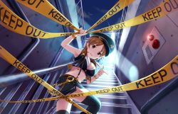 Rule 34 | 10s, 1girl, artist request, bracelet, breasts, brown eyes, brown hair, bustier, caution tape, cleavage, cropped vest, cuffs, earrings, handcuffs, hat, idolmaster, idolmaster cinderella girls, idolmaster cinderella girls starlight stage, jewelry, katagiri sanae, keep out, large breasts, midriff, navel, official art, parted lips, pointing, smile, solo, stairs, thighhighs, vest