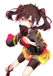 Rule 34 | 1girl, bandaid, bandaid on face, bike shorts, black hair, enomoto takane, eyebrows, eyes visible through hair, gas mask, headphones, kagerou project, long hair, long sleeves, looking at viewer, looking to the side, mask, red eyes, shoes, shorts, simple background, sleeves past wrists, solo, twintails, white background, zilula, zipper