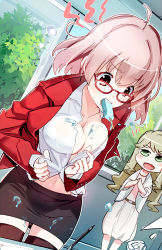 Rule 34 | 2girls, ^^^, ahoge, black legwear, black skirt, breasts, brown eyes, brown hair, cleavage, collarbone, collared shirt, dress shirt, dutch angle, food, formal, glasses, green eyes, hair between eyes, ice cream, indoors, jacket, medium breasts, midriff peek, multiple girls, no bra, open clothes, open jacket, open mouth, open shirt, original, outline, own hands together, pencil skirt, popsicle, red jacket, shirt, short hair, skirt, standing, suit, thick eyebrows, thighhighs, wavy hair, white outline, white shirt, yamacchi, zettai ryouiki