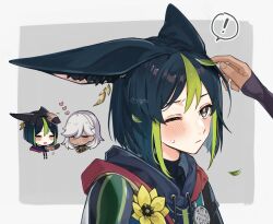 Rule 34 | !, 2boys, animal ear fluff, animal ears, black capelet, black sleeves, blunt ends, blush, border, bright pupils, capelet, chibi, chibi inset, closed eyes, commentary request, cyno (genshin impact), dark-skinned male, dark skin, flower, frown, genshin impact, green eyes, green hair, grey background, heart, hood, hooded capelet, jewelry, long hair, looking at another, male focus, multicolored hair, multiple boys, necklace, one eye closed, petting, short hair, sigm, simple background, spoken exclamation mark, streaked hair, tighnari (genshin impact), upper body, white hair, white pupils