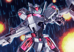 Rule 34 | beam cannon, blue eyes, commentary, energy cannon, explosion, glowing, glowing eyes, gundam, gundam calibarn, gundam suisei no majo, highres, holding, holding cannon, holding weapon, looking at viewer, mate (oktavia1121), mecha, mobile suit, no humans, robot, science fiction, solo, upper body, v-fin, weapon