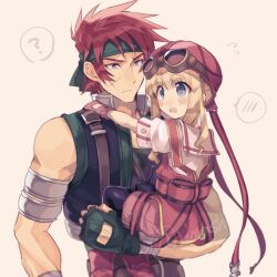 1boy 1girl :o ? agate_crosner aviator_cap blonde_hair blue_eyes blush carrying carrying_person closed_mouth commentary_request eiyuu_densetsu gloves goggles goggles_on_head green_headband hat headband long_hair purple_eyes red_gloves red_hair red_hat riarashu scar scar_on_face short_hair sora_no_kiseki spoken_blush spoken_question_mark tita_russell