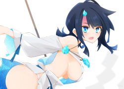 Rule 34 | 1girl, ashita wa hitsuji, bare shoulders, black hair, blue ribbon, blush, breasts, dress, fate/grand order, fate/requiem, fate (series), from side, hanging breasts, jewelry, large breasts, leaning forward, long sleeves, looking at viewer, magatama, medium hair, multicolored hair, necklace, pink hair, polearm, puffy long sleeves, puffy sleeves, ribbon, seigaiha, short dress, sideboob, sidelocks, simple background, streaked hair, two-sided fabric, two-sided skirt, utsumi erice, weapon, white background, white dress