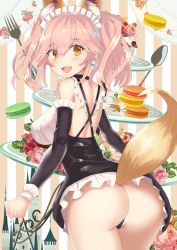 Rule 34 | 10s, 1girl, :d, animal ear fluff, animal ears, arms at sides, ass, back, bare shoulders, black dress, black panties, blush, breasts, commentary request, cowboy shot, detached sleeves, dress, fang, fate/extra, fate/grand order, fate (series), flower, fork, fox ears, fox tail, from behind, hair between eyes, large breasts, legs together, long hair, looking at viewer, looking back, maid, maid headdress, microdress, moruchi (rinaka moruchi), open mouth, panties, pink hair, rose, shoulder blades, sleeveless, sleeveless dress, slit pupils, smile, solo, spoon, standing, tail, tamamo (fate), tamamo no mae (fate/extra), thong, twintails, twisted neck, underwear, yellow eyes