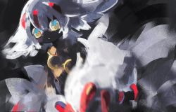 Rule 34 | 1girl, alternate eye color, alternate skin color, animal ear fluff, animal ears, aqua eyes, black skin, blurry, blurry foreground, chachi (azuzu), claws, colored skin, commentary request, dutch angle, extra arms, faputa, fewer digits, grey background, hair between eyes, looking at viewer, made in abyss, multicolored eyes, parted lips, short hair, solo, upper body, white fur, white hair, yellow eyes