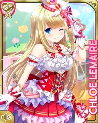 Rule 34 | 1girl, beret, blonde hair, blue eyes, bow, card, character name, chloe lemaire, closed mouth, dress, girlfriend (kari), hat, long hair, magical girl, official art, one eye closed, outdoors, qp:flapper, red bow, red dress, skirt, smile, solo, tagme, wand, wink