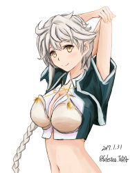 Rule 34 | 10s, 1girl, 2017, arms behind head, asymmetrical hair, braid, breasts, celestea tera, cleavage, cleavage cutout, clothing cutout, crop top, dated, highres, kantai collection, large breasts, long hair, looking at viewer, midriff, navel, silver hair, single braid, smile, solo, twitter username, unryuu (kancolle), upper body, very long hair, yellow eyes