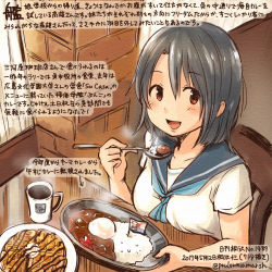 Rule 34 | 10s, 1girl, :d, alternate costume, black hair, blue neckerchief, coffee, coffee mug, colored pencil (medium), commentary request, cup, curry, curry rice, dated, food, holding, holding spoon, kantai collection, kirisawa juuzou, mug, neckerchief, numbered, open mouth, red eyes, rice, sailor collar, school uniform, serafuku, short hair, short sleeves, sitting, smile, solo, spoon, takao (kancolle), traditional media, translation request, twitter username, waffle