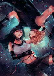 Rule 34 | 1boy, 1girl, bare shoulders, black hair, black skirt, black thighhighs, blonde hair, blue eyes, breasts, buster sword, cloud strife, crop top, detached sleeves, earrings, final fantasy, final fantasy vii, final fantasy vii remake, fingerless gloves, gloves, highres, jewelry, large breasts, long hair, midriff, navel, red lips, sera (serappi), skirt, sleeveless, sleeveless turtleneck, smile, spiked hair, string, string around finger, string of fate, sweater, tank top, thighhighs, tifa lockhart, turtleneck, turtleneck sweater, weapon, weapon on back, white tank top, zettai ryouiki