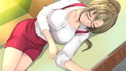 Rule 34 | 1girl, breasts, brown hair, closed eyes, facing viewer, glasses, highres, large breasts, lying, miracle hoshi, on side, original, ponytail, red skirt, skirt, solo