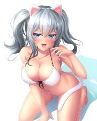 Rule 34 | 10s, 1girl, anal tail, animal ears, ass, bad id, bad pixiv id, bare legs, barefoot, bikini, bikini top only, blue eyes, blush, bottomless, breasts, butt plug, cat ears, cat tail, cleavage, collarbone, fake animal ears, fake tail, front-tie top, highres, kantai collection, kashima (kancolle), kneeling, large breasts, long hair, naughty face, navel, open mouth, saliva, saliva trail, sex toy, sidelocks, silver hair, simple background, smile, solo, swimsuit, tail, tiphereth, tongue, tongue out, tsurime, twintails, wavy hair, white background, white bikini