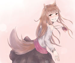 Rule 34 | 1girl, animal ears, blush, bracelet, female focus, gradient background, holo, image sample, jewelry, long hair, open mouth, pixiv sample, resized, smile, solo, spice and wolf, sumiya akihiro, tail