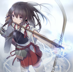 Rule 34 | 10s, 1girl, aiming, akagi (kancolle), archery, arrow (projectile), bad id, bad nicoseiga id, blood, blush, bow (weapon), brown eyes, brown hair, cuts, drawing bow, flight deck, from above, gloves, hakama, hakama short skirt, hakama skirt, holding, holding bow (weapon), holding weapon, injury, japanese clothes, kanda done, kantai collection, kyuudou, long hair, looking up, muneate, partially fingerless gloves, partly fingerless gloves, personification, quiver, scar, single glove, skirt, solo, tasuki, weapon, yugake