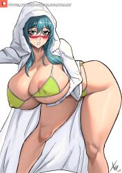 1girl areola_slip arm_under_breasts ass bikini bleach breasts brown_eyes cameltoe coat collarbone covered_erect_nipples facial_mark green_bikini green_hair highres hood hood_up hooded_coat huge_breasts leaning_forward long_hair looking_at_viewer nelliel_tu_odelschwanck open_mouth patreon_username signature swimsuit white_background white_coat xhaart