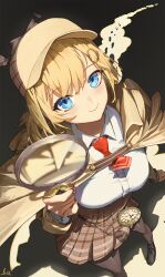 Rule 34 | 1girl, black thighhighs, blonde hair, blue eyes, breasts, brown footwear, brown headwear, brown skirt, collared shirt, detective, hair ornament, highres, holding, holding magnifying glass, hololive, hololive english, large breasts, looking at viewer, m.q (mqkyrie), magnifying glass, necktie, plaid, plaid skirt, pocket watch, red necktie, shirt, skirt, solo, thighhighs, virtual youtuber, watch, watson amelia, white shirt