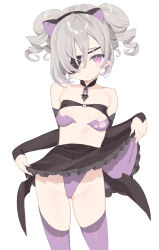 Rule 34 | 1girl, :o, bare shoulders, black choker, black skirt, black sleeves, black wings, blade (galaxist), breasts, choker, closed mouth, clothes lift, collarbone, commentary, copyright request, detached sleeves, eyepatch, frilled skirt, frills, grey hair, groin, hair over one eye, highleg, highres, lifted by self, long sleeves, looking at viewer, low wings, parted lips, pink thighhighs, pleated skirt, pointy ears, purple eyes, ringlets, simple background, skirt, skirt lift, sleeves past wrists, small breasts, solo, symbol-only commentary, thighhighs, white background, wings