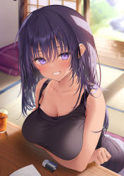 Rule 34 | 1girl, arms under breasts, bare arms, bare shoulders, black tank top, blurry, blurry background, blush, breasts, cleavage, commentary request, crossed arms, cup, day, depth of field, drink, drinking glass, eraser, grin, hair between eyes, highres, indoors, long hair, looking at viewer, medium breasts, navy (navy.blue), original, purple eyes, purple hair, smile, solo, tan, tank top