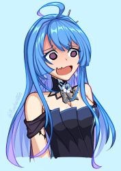 Rule 34 | 1girl, ahoge, azur lane, bare shoulders, blue background, blue hair, blush, breasts, choker, cleavage, dress, earrings, embarrassed, empty eyes, evening gown, fang, gradient hair, helena (azur lane), helena (may i have this dance?) (azur lane), jewelry, medium breasts, mouhantain, multicolored hair, purple eyes, simple background, skin fang, solo, strapless, strapless dress, twitter username, upper body