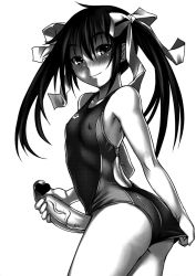 Rule 34 | 1girl, adjusting clothes, adjusting swimsuit, ass, blush, bosshi, breasts, censored, competition swimsuit, covered erect nipples, erection, futanari, futanari masturbation, hair between eyes, hair ribbon, heart, heart censor, highres, long hair, looking at viewer, masturbation, monochrome, one-piece swimsuit, original, penis, ribbon, small breasts, smile, solo, swimsuit, twintails, veins, veiny penis