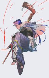 Rule 34 | 1boy, armor, blue hair, capelet, closed mouth, cu chulainn (caster) (fate), cu chulainn (fate), cu chulainn (fate/stay night), elbow gloves, fate/grand order, fate (series), floating hair, from side, fur-trimmed hood, fur trim, gloves, greaves, grin, highres, hood, hood down, hooded capelet, iroha (akei0710), long hair, male focus, muscular, red eyes, simple background, skin tight, smile, solo, spiked hair, staff, toeless footwear, type-moon, vambraces, wooden staff