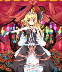 Rule 34 | 1girl, alternate costume, ascot, bare shoulders, blonde hair, bug, butterfly, dress, female focus, flandre scarlet, flower, hat, highres, insect, long hair, mero (3445036), mero (ly21207), red eyes, rose, side ponytail, smile, solo, super dry (super dry rr), tiara, touhou, wings