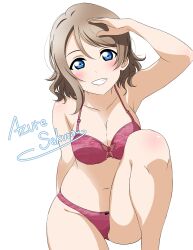 Rule 34 | 1girl, artist name, azuresakura, blue eyes, bra, breasts, brown hair, cleavage, collarbone, highres, looking at viewer, love live!, love live! sunshine!!, medium breasts, navel, panties, red bra, red panties, short hair, simple background, sitting, smile, solo, stomach, underwear, underwear only, watanabe you, white background