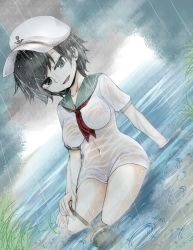 Rule 34 | 1girl, anchor symbol, arm rest, arm support, bad id, bad pixiv id, bare arms, bare legs, between breasts, black hair, bottomless, breasts, collarbone, day, dutch angle, full body, green eyes, half-closed eyes, hat, hishaku, looking at viewer, murasa minamitsu, naked shirt, navel, neckerchief, nipples, no bra, open mouth, outdoors, rain, ripples, sailor, sailor collar, sailor hat, see-through, shirt, short hair, short sleeves, sitting, smile, solo, stomach, touhou, water, wet, wet clothes, wet face, wet hair, wet shirt, white shirt, zetsumame