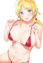 Rule 34 | 1girl, :d, bikini, blonde hair, blue eyes, blush, breasts, commentary request, cowboy shot, dutch angle, fingernails, hachimiya meguru, hair ornament, hairclip, highres, idolmaster, idolmaster shiny colors, large breasts, long hair, looking at viewer, low twintails, navel, nekoshoko, open mouth, red bikini, simple background, skindentation, smile, solo, star (symbol), star hair ornament, strap lift, string bikini, swimsuit, twintails, white background