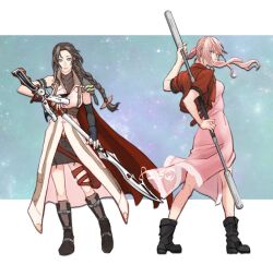 Rule 34 | 2girls, 826hopelight, aerith gainsborough, alternate costume, aqua eyes, armband, black footwear, black gloves, boots, braid, braided ponytail, breasts, brown hair, cape, center opening, closed mouth, coat, cosplay, costume switch, cropped jacket, crossover, dress, elbow gloves, fighting stance, final fantasy, final fantasy vii, final fantasy xiii, fingerless gloves, full body, gloves, grey sweater, gunblade, hair between eyes, hair ribbon, holding, holding staff, holding weapon, jacket, letterboxed, lightning farron, lightning returns: final fantasy xiii, long dress, long hair, looking at viewer, looking back, medium breasts, multiple girls, official alternate costume, parted bangs, pink dress, pink hair, pink ribbon, ponytail, puffy short sleeves, puffy sleeves, red cape, red jacket, ribbon, short sleeves, sidelocks, single bare shoulder, single braid, single elbow glove, single shoulder pad, sleeveless, sleeveless coat, sleeveless turtleneck, smile, staff, standing, sweater, swept bangs, turtleneck, wavy hair, weapon, white coat