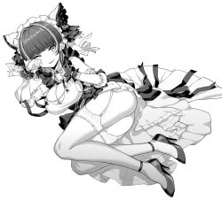 Rule 34 | 1girl, :3, ass, azur lane, blunt bangs, breasts, cheshire (azur lane), cleavage, earrings, garter straps, greyscale, high heels, highres, hori (hori no su), jewelry, large breasts, looking at viewer, monochrome, multicolored hair, one eye closed, parted lips, short hair, simple background, solo, thighhighs, white background