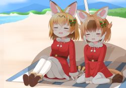 Rule 34 | 2girls, animal ear fluff, animal ears, beach, between legs, blonde hair, blush, boots, bow, brown footwear, brown hair, day, dhole (kemono friends), dress, closed eyes, fur-trimmed boots, fur-trimmed dress, fur-trimmed sleeves, fur trim, hair bow, hand between legs, highres, kemono friends, knees up, long sleeves, multicolored hair, multiple girls, open mouth, outdoors, pantyhose, red dress, sand, santa costume, serval (kemono friends), shin01571, sitting, striped, striped bow, summer, sweat, tail, two-tone hair, wariza, water, wavy mouth, white legwear