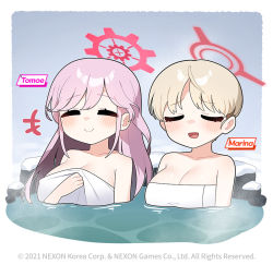 Rule 34 | 2girls, artist request, bathing, blue archive, blush, breasts, closed eyes, closed mouth, commentary, copyright notice, english commentary, halo, large breasts, light brown hair, marina (blue archive), multiple girls, official art, onsen, open mouth, pink eyes, pink hair, short hair, smile, tomoe (blue archive), towel